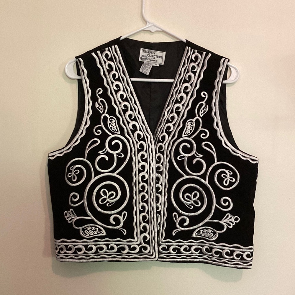 Black White Embroidered Sleeveless Vest Vintage 80s Business Western Hippie Boho